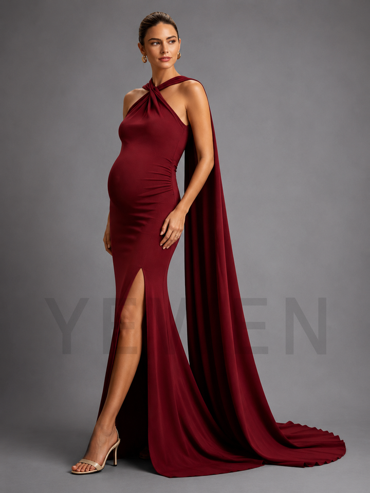 Burgundy Halter Cape Maternity Dress for Photoshoot & Gala Party L-26815
