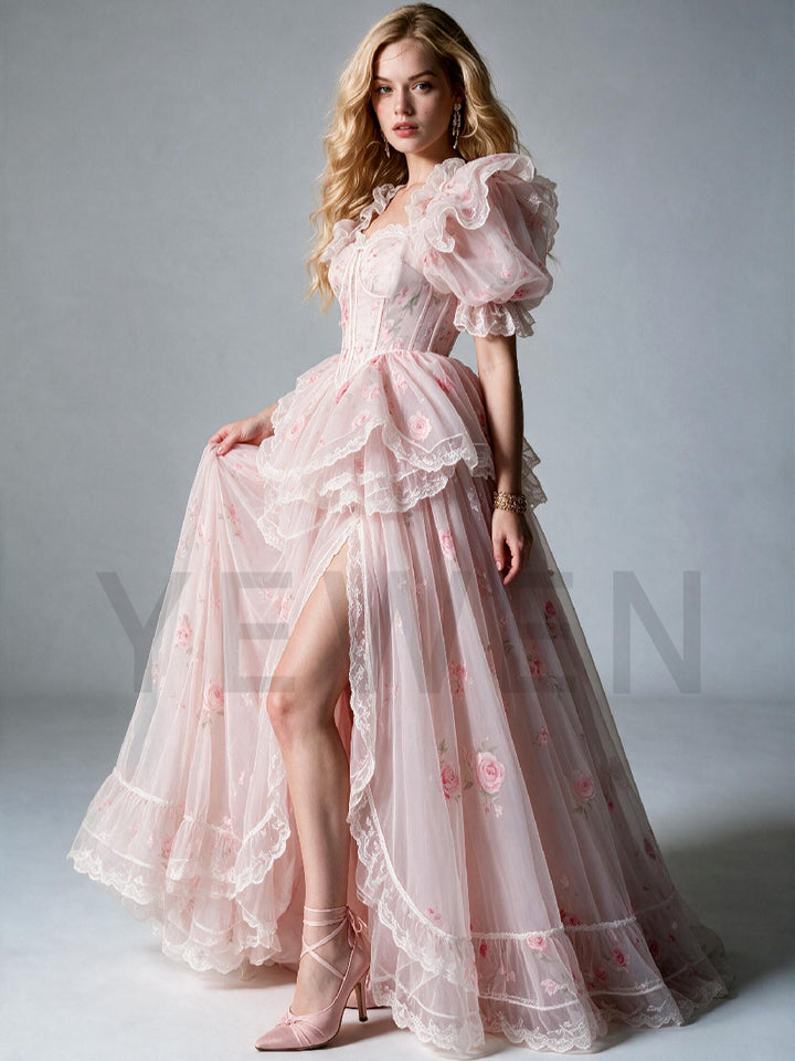 Pink Ruffle Puff Sleeve Princess Dress with High-Low Skirt WT269002