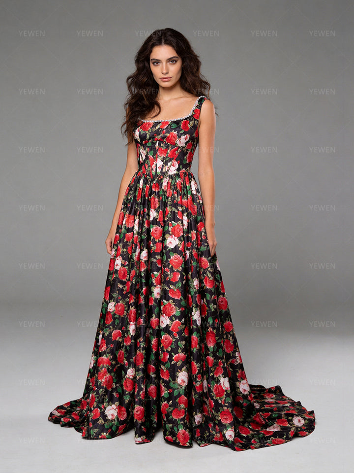 Long Satin Printed Floral Prom Dress A Line Evening Dress for Women 2025 YW250081