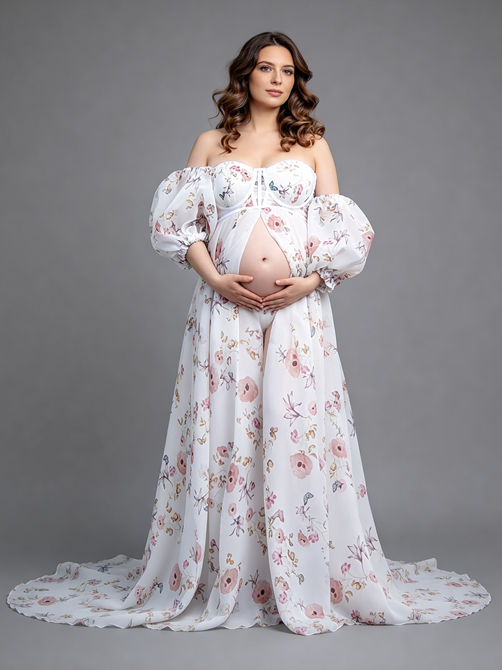 Maternity Photoshoot Floral Organza Dresses Pregnant Gown for Baby Shower