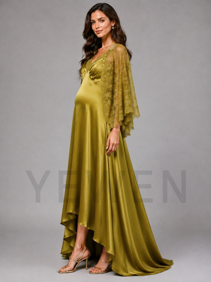 Olive V-Neck A-Line Maternity Baby Shower Dress with Sheer Lace Cape L-26921