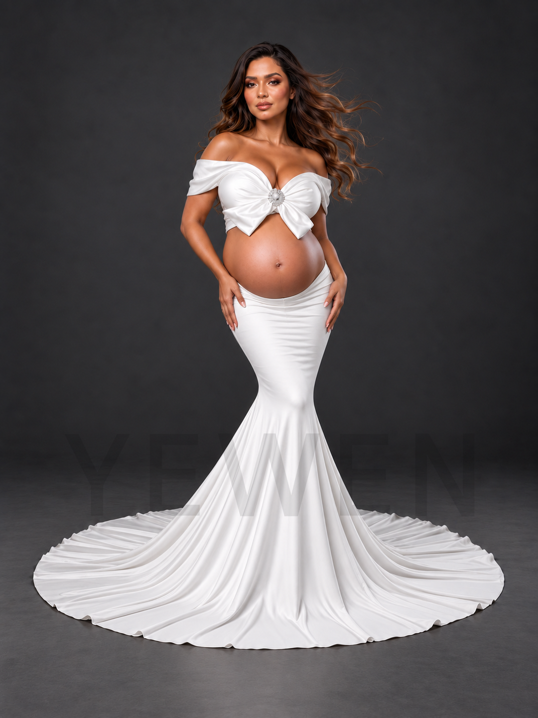 Two-Piece Off-Shoulder Bow Mermaid Maternity Photoshoot Gown HA260916