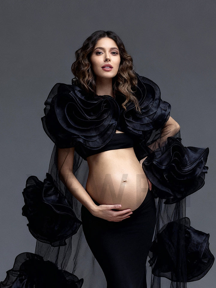 Dramatic Black Maternity Dress Photoshoot Big Flower Cape 3 Piece Set Baby Shower Dress