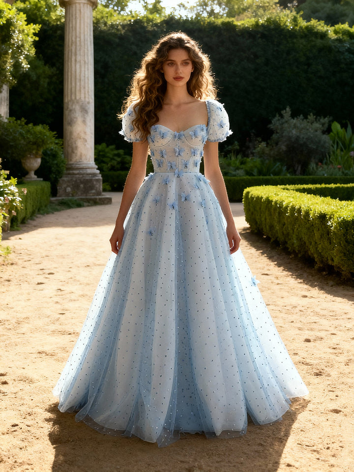 Princess Evening Dress A Line Appliques Crystals Tulle Prom Dress