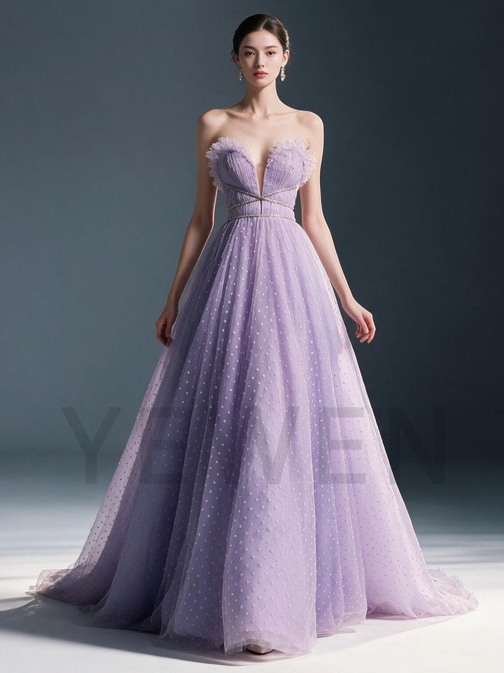 A-Line Strapless Deep V-Neck Swiss Dot Tulle Evening Gown YX008