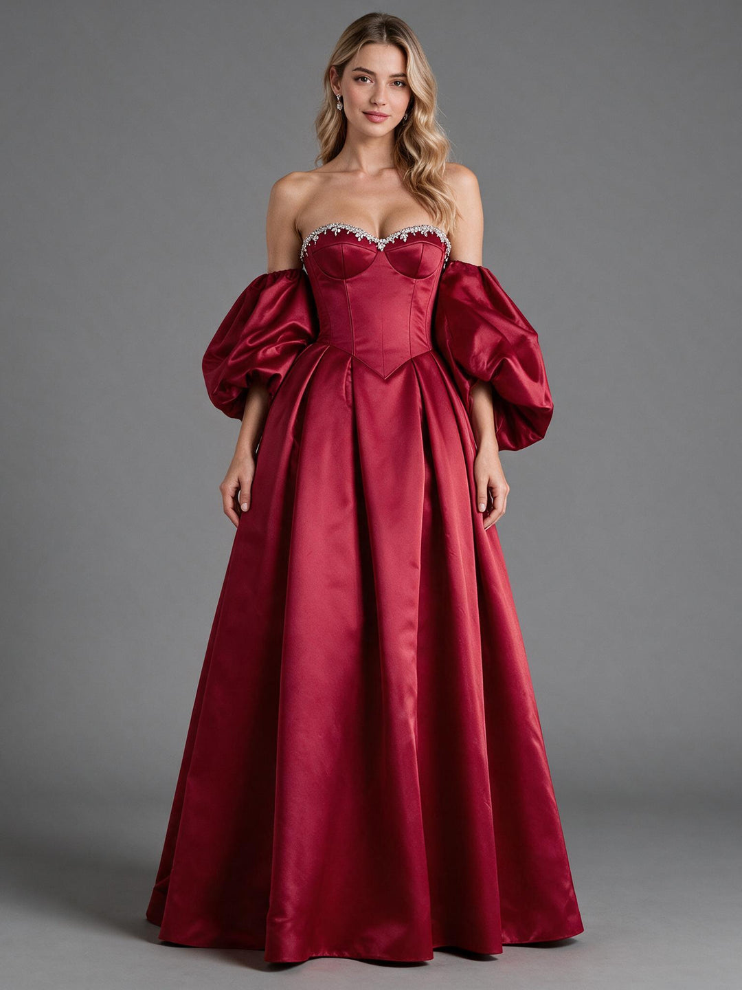 Burgundy Strapless Puff Sleeve Rhinestone Christmas Dress YW2609224