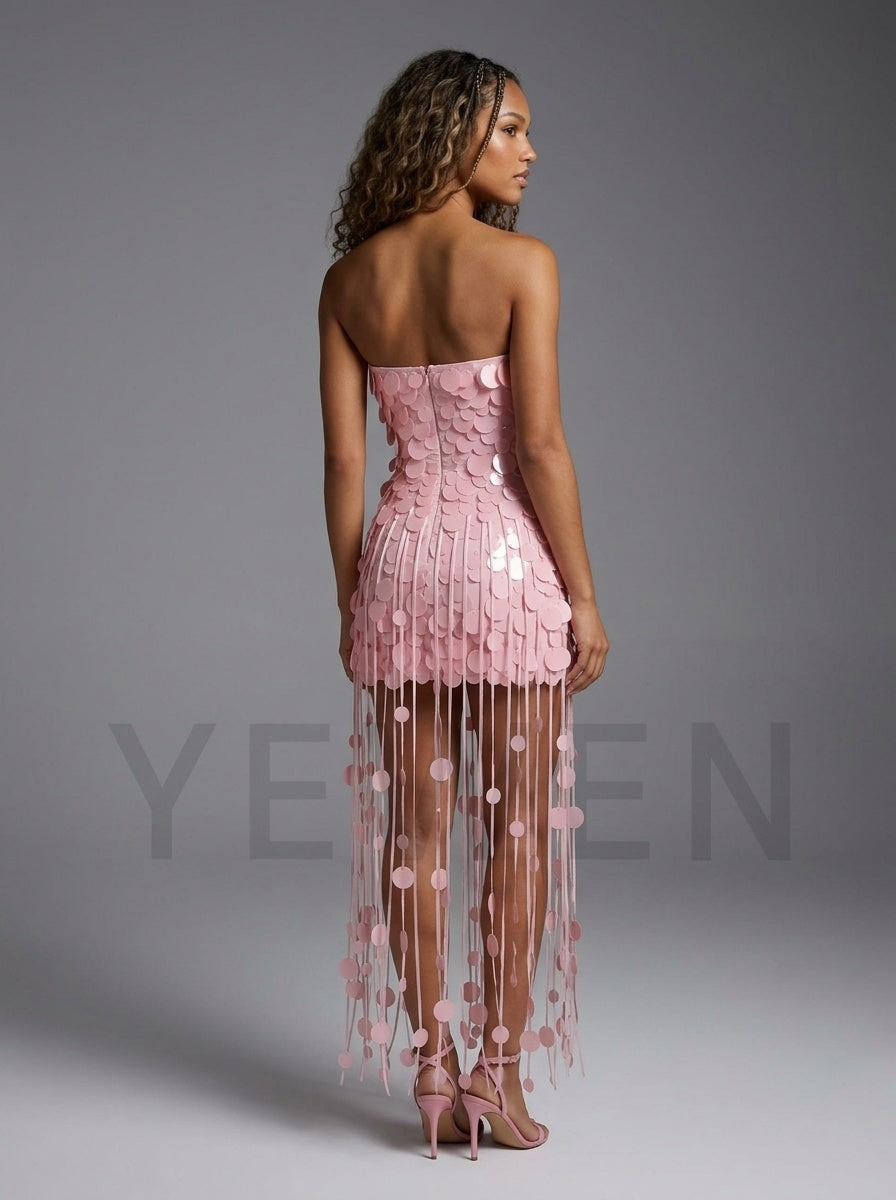 Strapless Sequin Mini Party Dress with Long Fringe Tassels YD261002