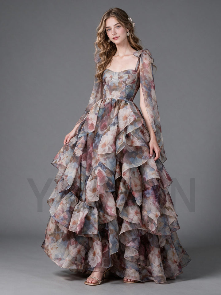 Watercolor Floral Tiered Ruffle Shoulder Tie Princess Dress  YW2610158