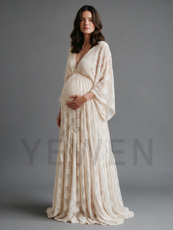 Ivory Deep V-Neck Lace Maternity Baby Shower Dress with Bell Sleeves