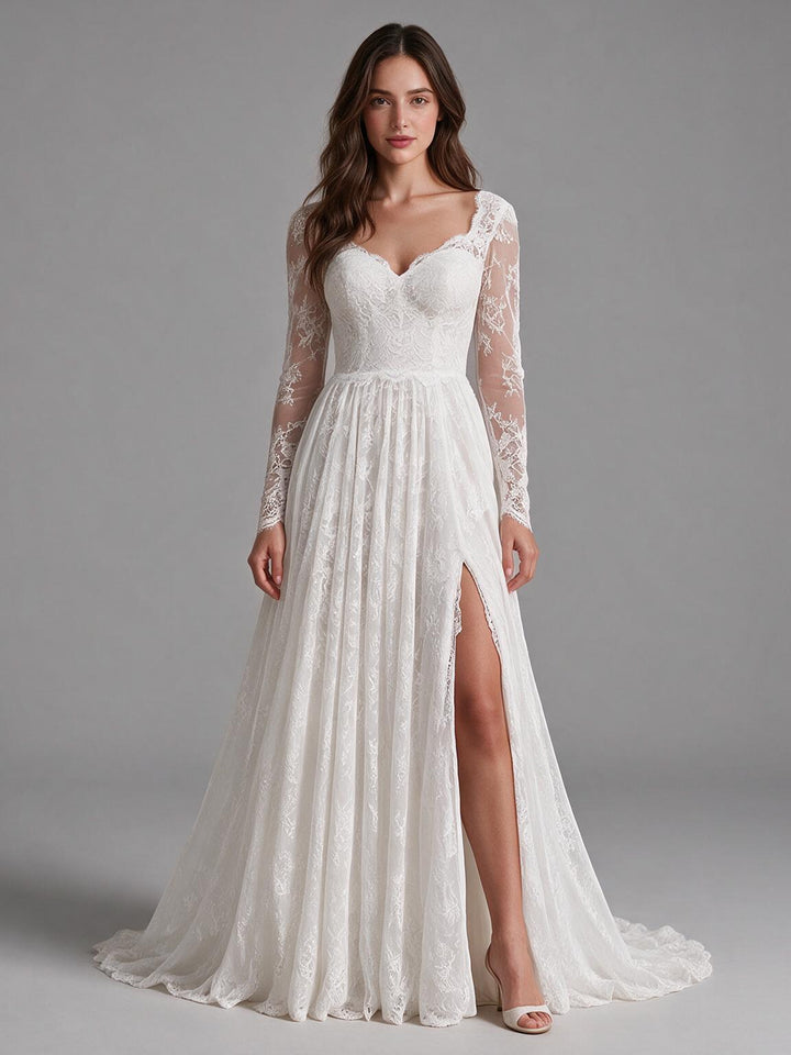 Ivory A-line Sweetheart Sheer Long Sleeve Lace Boho Wedding Dress