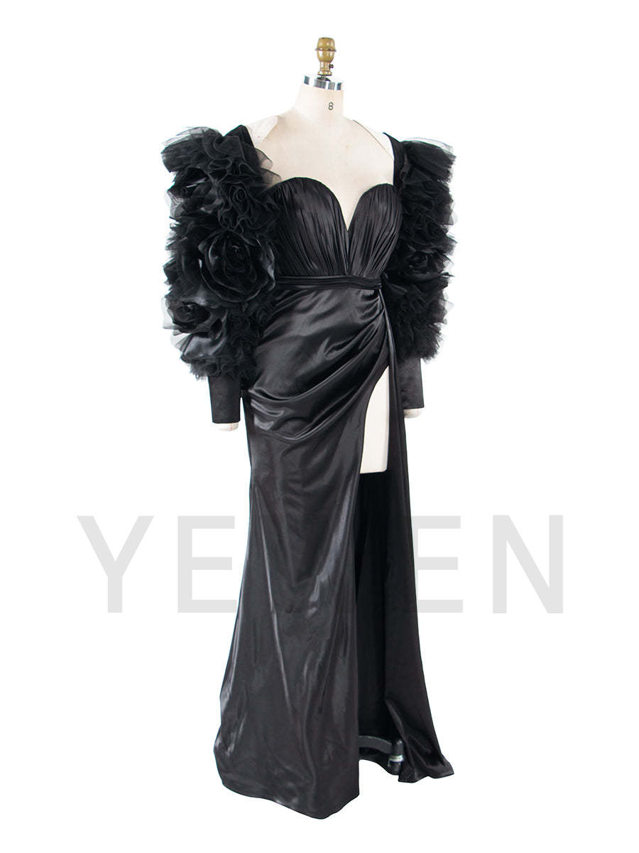 Black Stretchy Satin Mermaid Style Special Event Dress Party Dress Detachable Sleeves YW250042