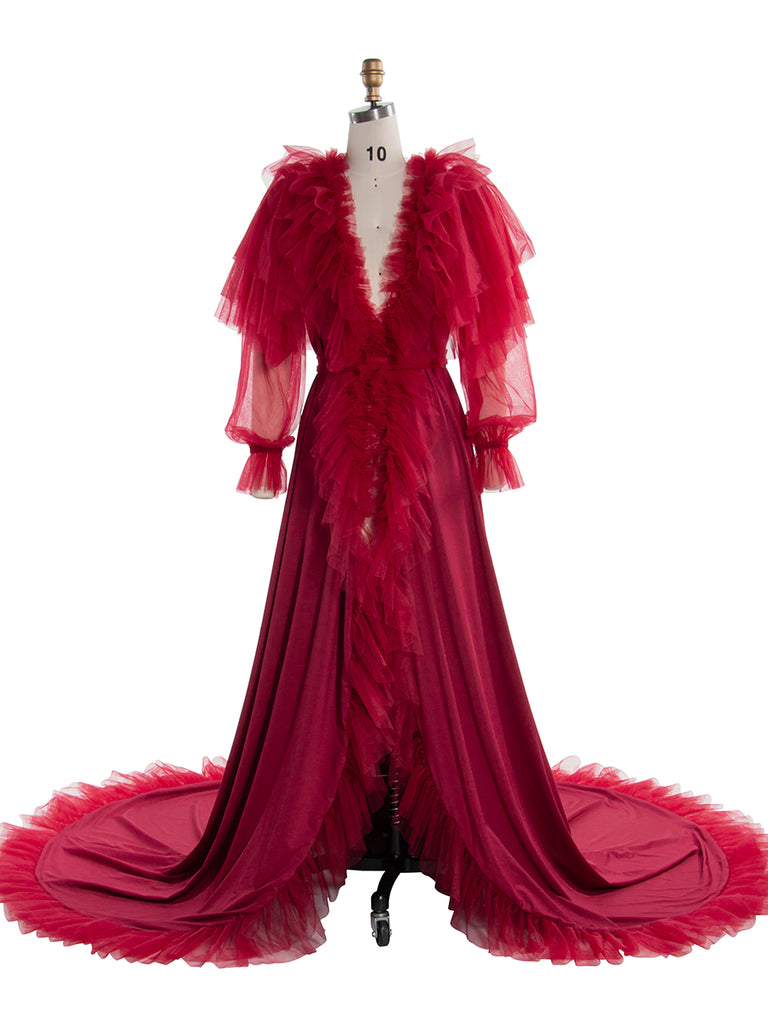 Deep Red Tulle Ruffle Gown for Photoshoots YW250073 – yewendress