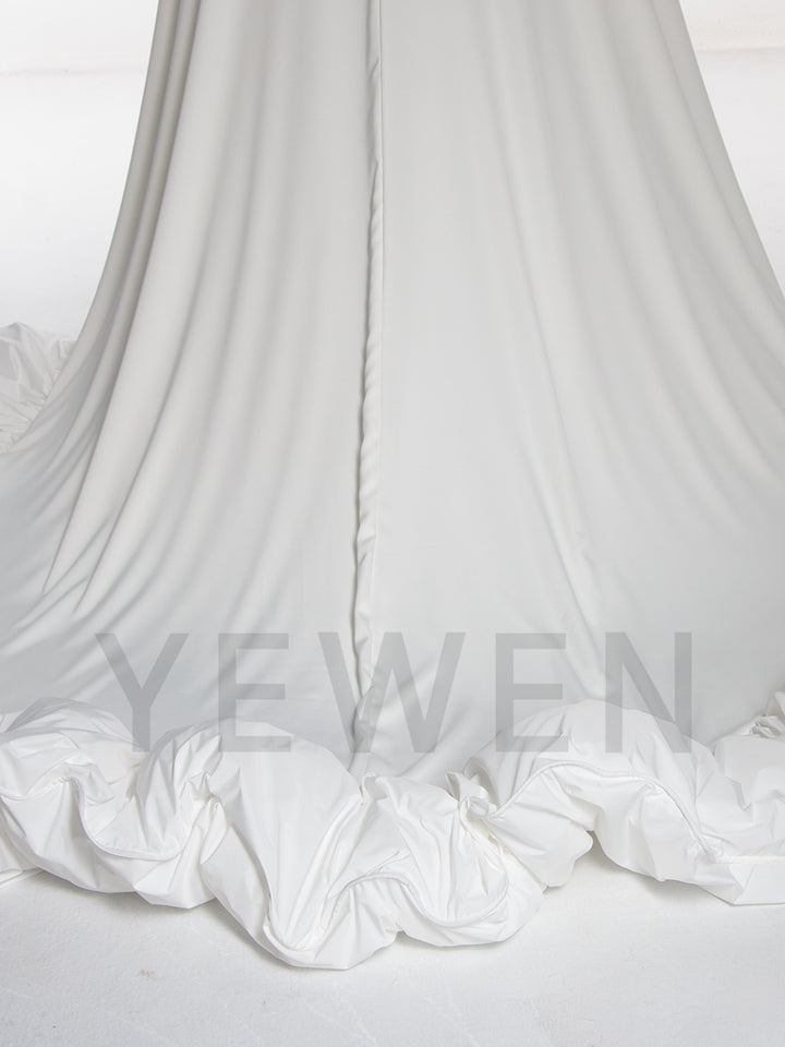 Elegant White Ruched Long Bridal Dress with Train Cape Asymmetrical  Formal Maxi Gown for Wedding Photoshoot YW251021