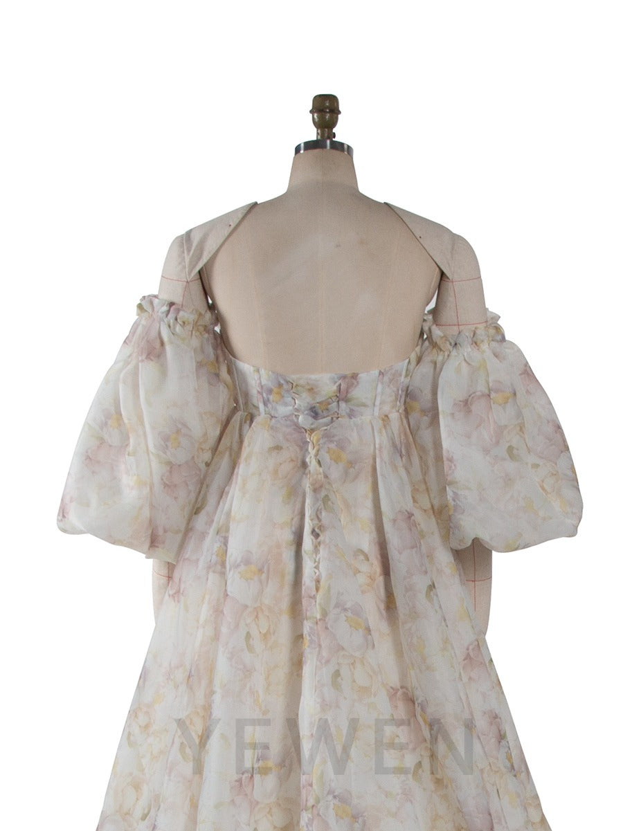 High Waist Printed Floral Organza Dresses for Baby Shower Maternity Gown for Photo Shoot  YW221105-3