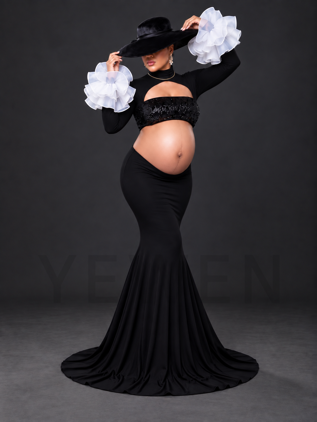 Two-Piece Ruffle Cuff Mermaid Maternity Photoshoot Gown HA260915