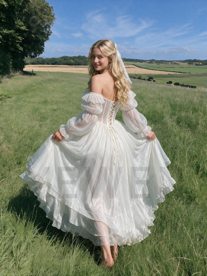 White High-Low Puff Sleeves Princess Dress WT268019
