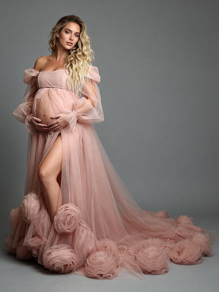 Tulle Maternity Photoshoot Gown Pregnancy Dress for Photoshoot with 3D flowers