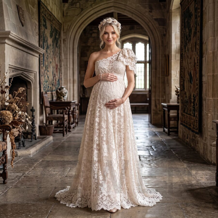 Ivory One-Shoulder Ruffle Lace Maternity Wedding Dress L-26947