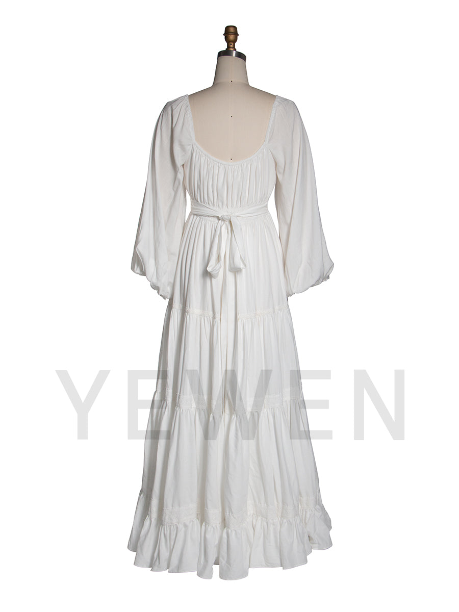 White Boho Maxi Dress Puffed Long Sleeves Beach Photo Shoot Dress YW251006