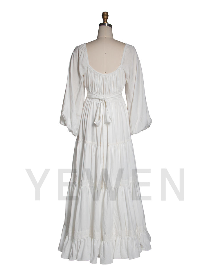 White Boho Maxi Dress Puffed Long Sleeves Beach Photo Shoot Dress YW251006