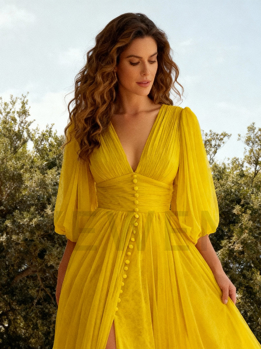 Long Sleeves Prom Dress Buttons Elegant Lady Evening Gown