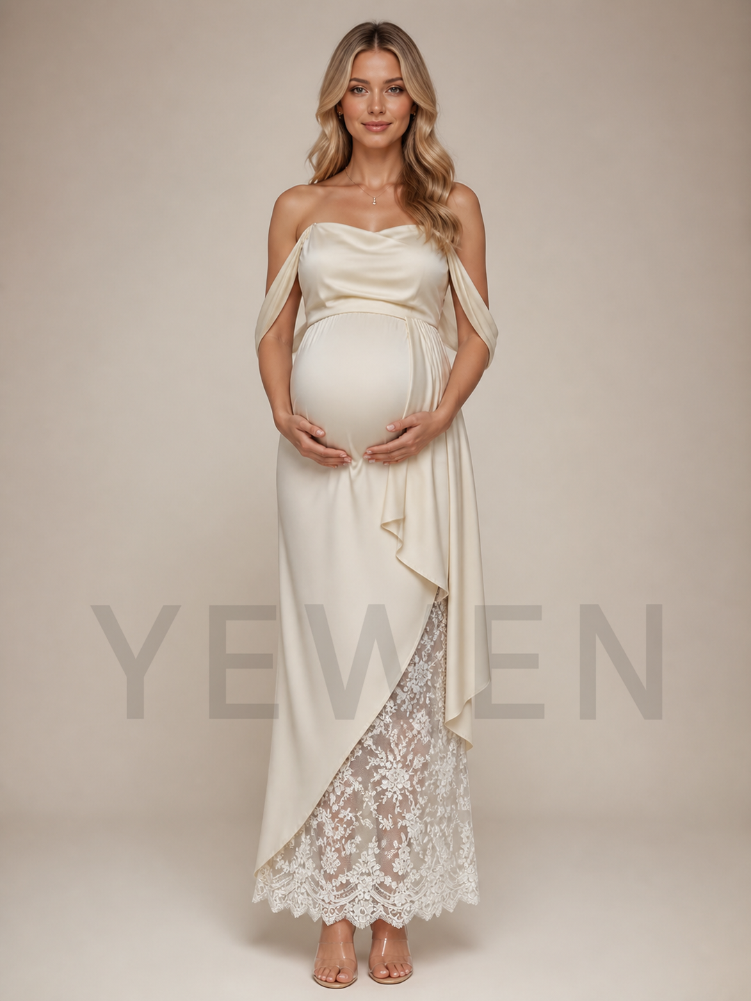 Ivory Satin Maternity Baby Shower Dress Off Shoulder Gown with Lace Hem ZX006