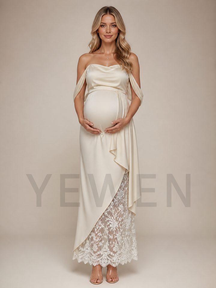 Ivory Satin Maternity Baby Shower Dress Off Shoulder Gown with Lace Hem ZX006