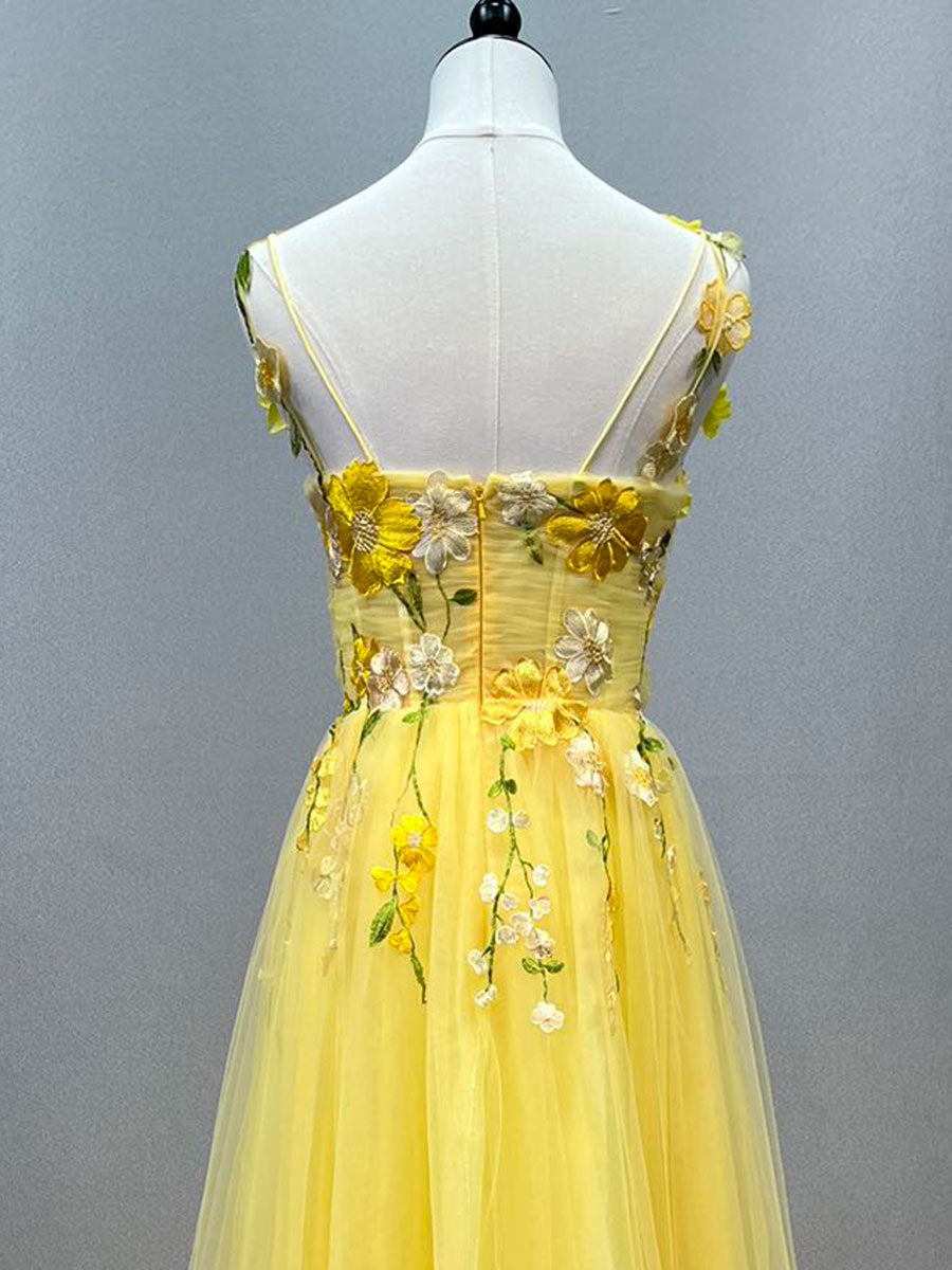 Yellow Prom Gown with Floral Lace Appliqu Fairy Girls Party Dresses YE3028 Yellow Prom Gown with Floral Lace Appliqu Fairy Girls Party Dresses YE3028