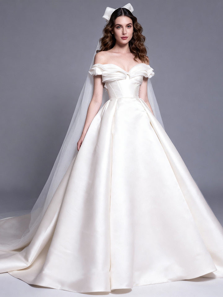 Elegant A Line Satin Wedding Dress Off Shoulder Sweep Train Bridal Gown 2026