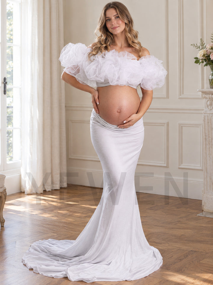 White Two-Piece Ruffle Mermaid Maternity Photoshoot Gown YW2609303