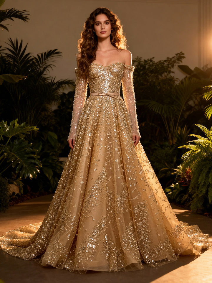 Exquisite Long Sleeves Tulle Beads Evening Dress Off The Shoulder Party Dress