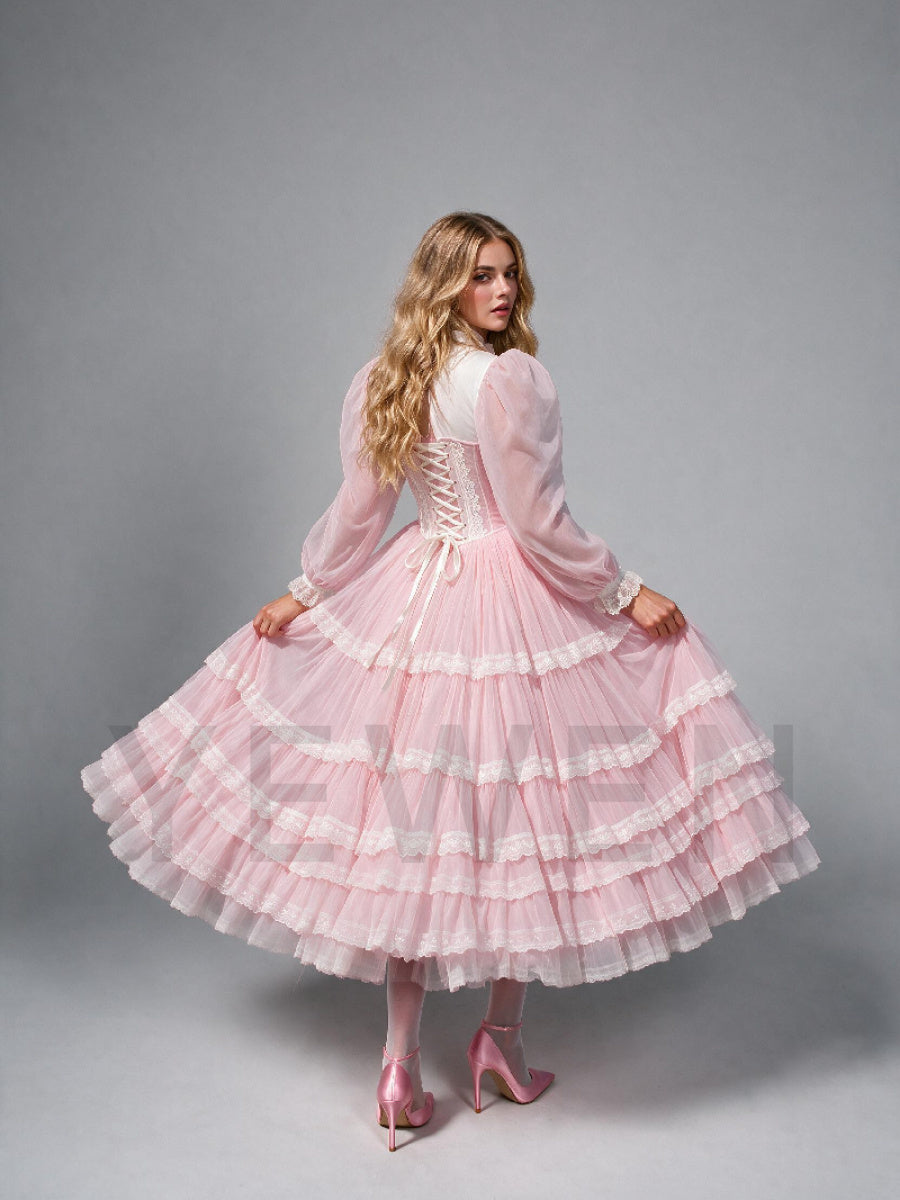 Pink Sheer Puff Sleeves Princess Dress with Ruffle Tiered Skirt WT268021