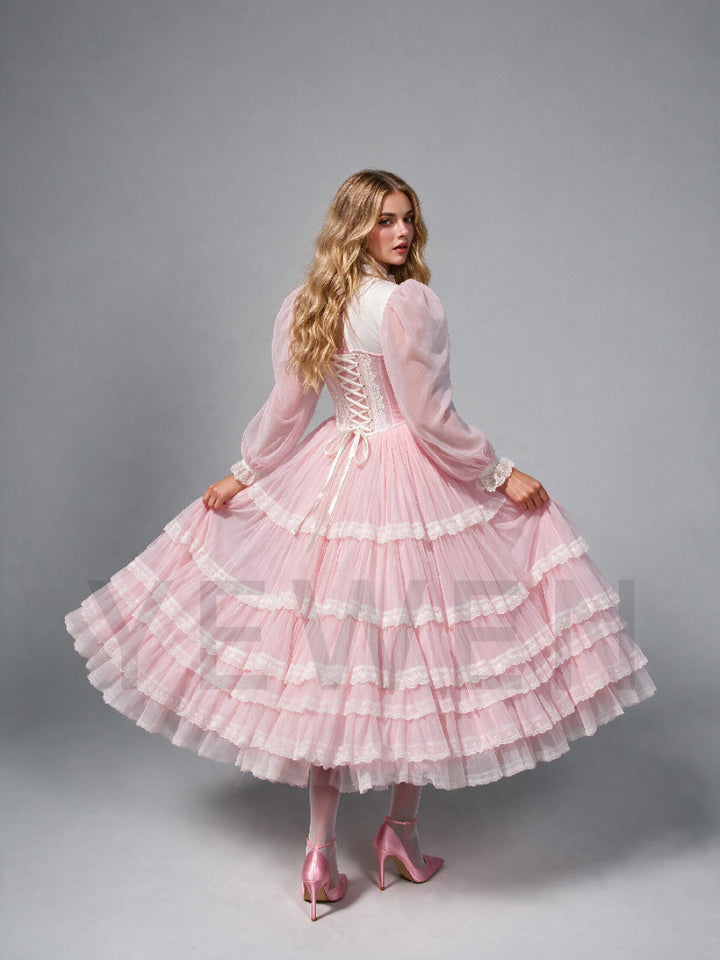 Pink Sheer Puff Sleeves Princess Dress with Ruffle Tiered Skirt WT268021
