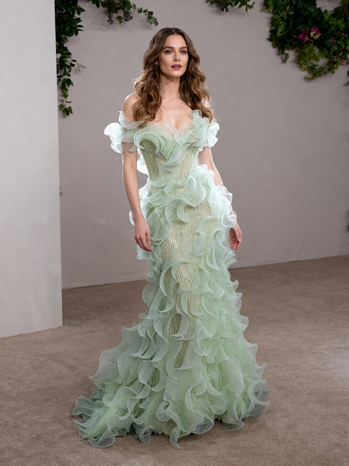 Elegant Pretty Green Women Evening Dress Lush Organza Ruffles Mermaid Gown