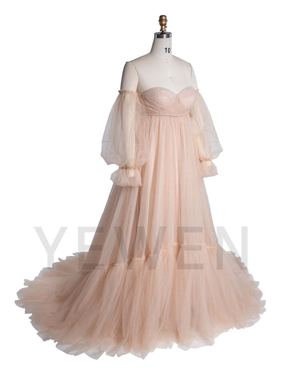 Tulle Maternity Gown with Leg Slit Tulle Gown for Photo Shoot YW250053