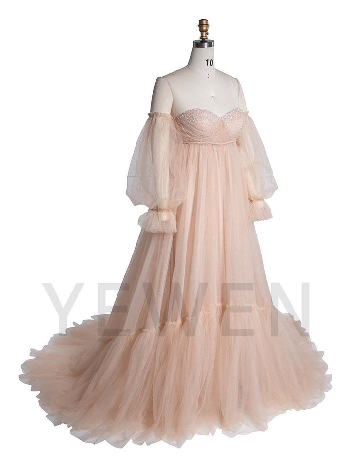 Tulle Maternity Gown with Leg Slit Tulle Gown for Photo Shoot YW250053