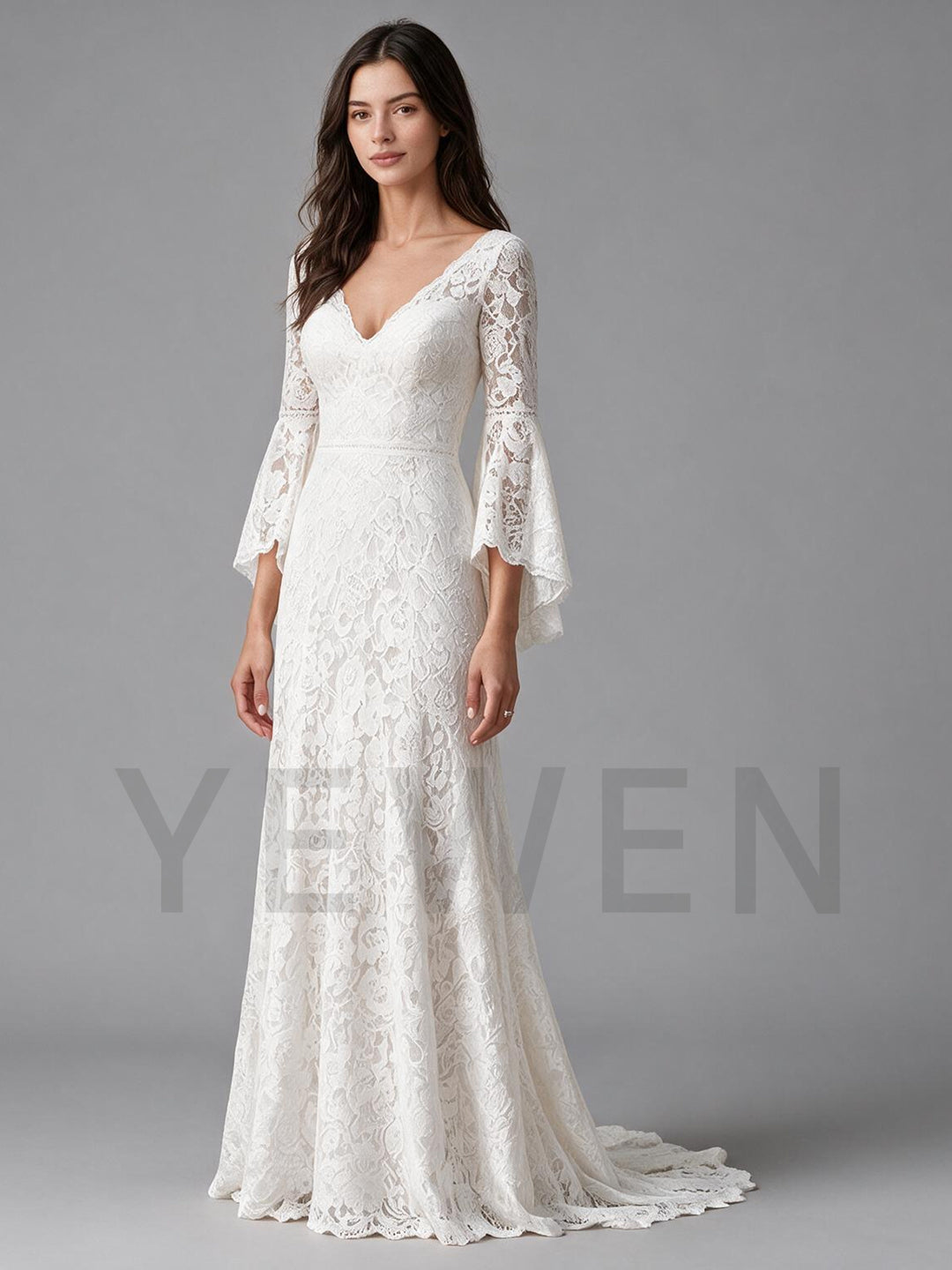Ivory V-Neck Sheer Bell Sleeve Floral Lace Boho Wedding Dress