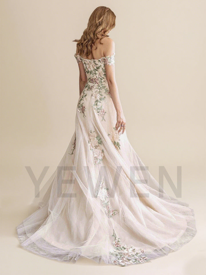 Elegant Aline Colorful Lace Wedding Dress Off the Shoulder Sleeves Flowy Outdoor Boho Wedding Gown