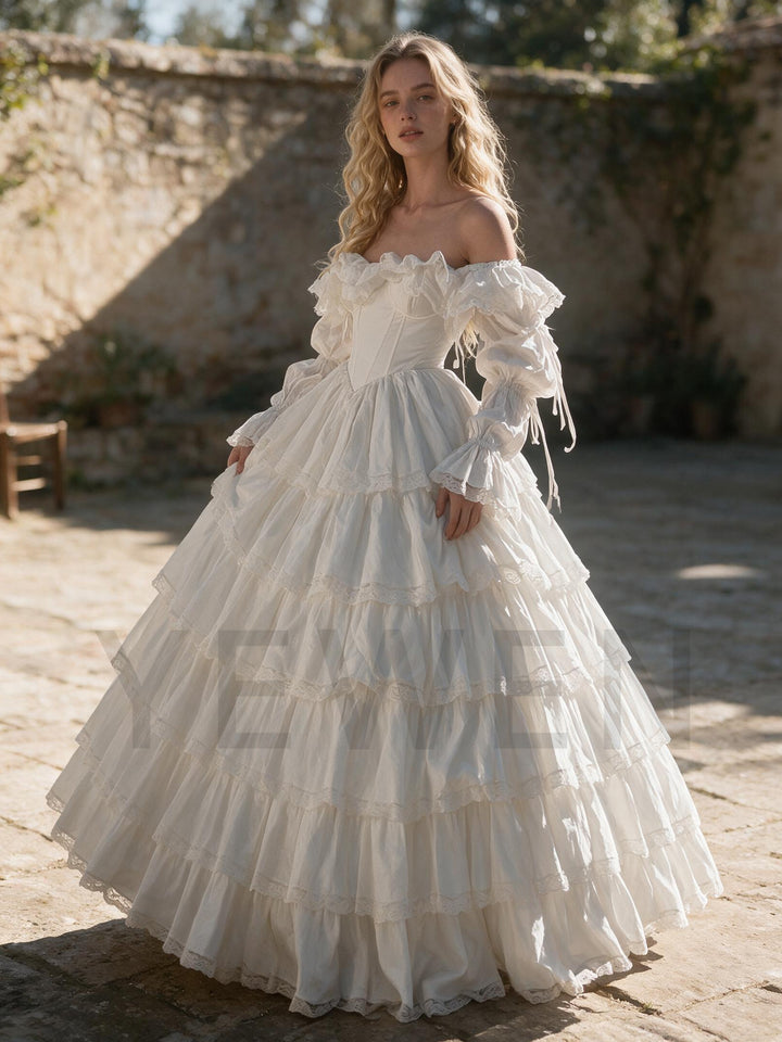White Vintage Lantern Sleeve Tiered Ruffle Princess Dress YW2610149