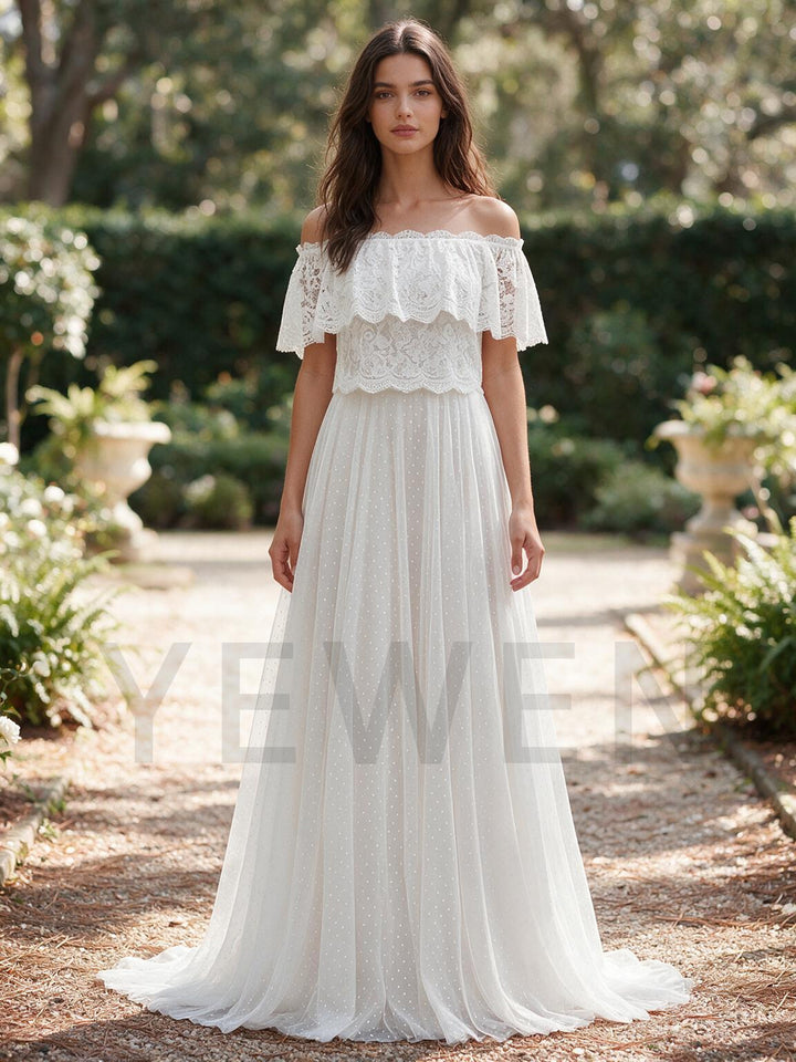Ivory Off-Shoulder Double Ruffle Lace Drop Sleeve Boho Wedding Dress