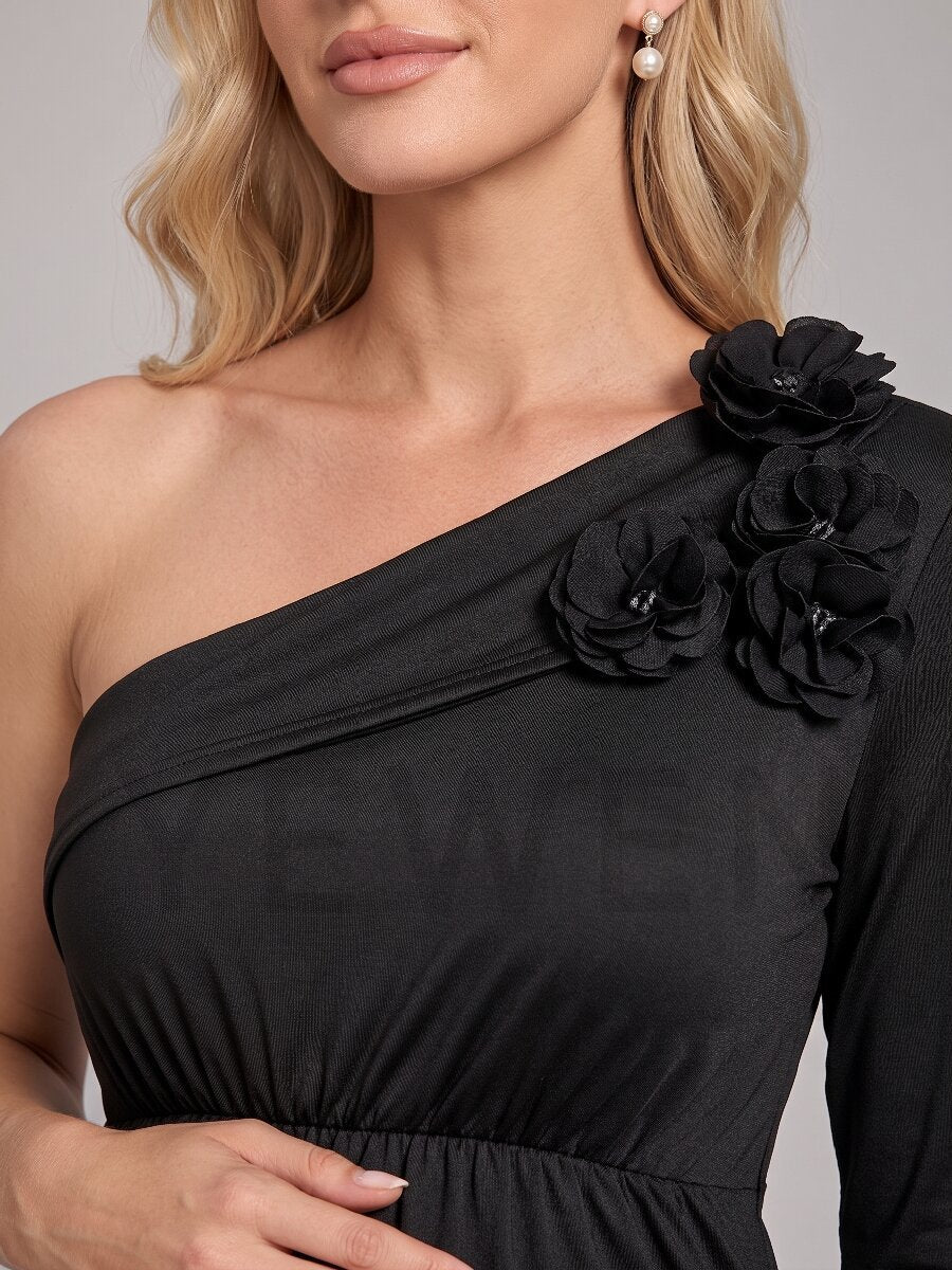 Black One-Shoulder 3D Floral Maternity Baby Shower Dress L-26937
