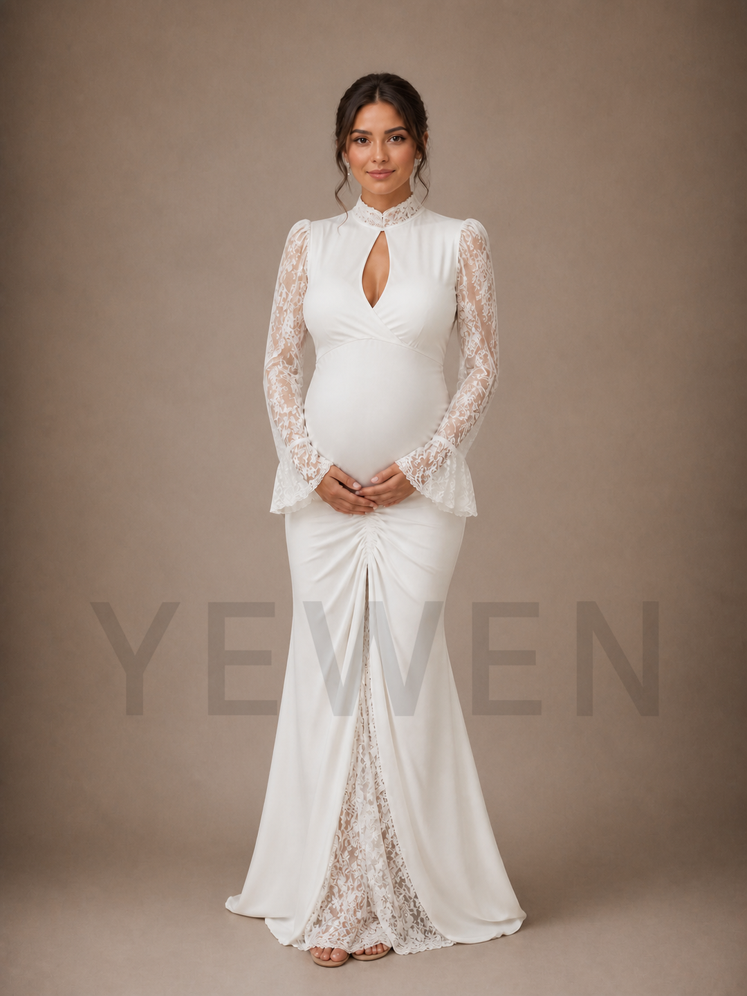 White Keyhole Maternity Baby Shower Dress High Neck Gown with Lace Sleeves ZX016