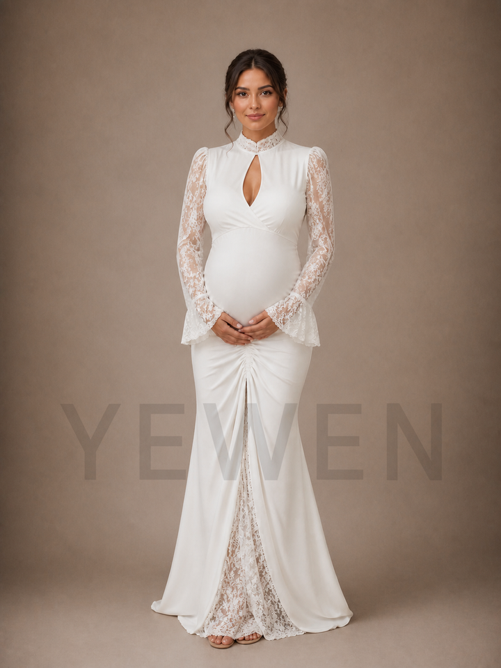 White Keyhole Maternity Baby Shower Dress High Neck Gown with Lace Sleeves ZX016