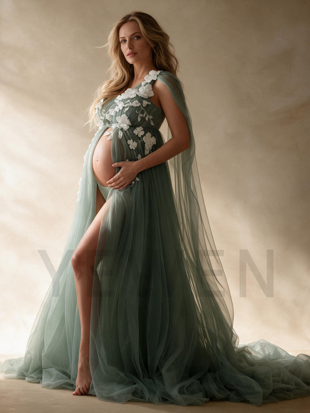 One-Shoulder 3D Floral Sheer Tulle Maternity Photoshoot Gown YW2610143