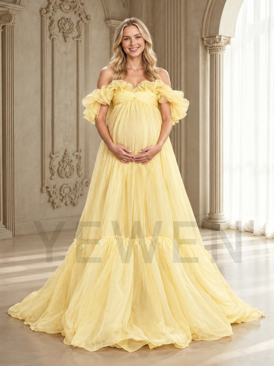 Off-Shoulder Tulle Tiered Ruffle Maternity Photoshoot Gown HA261004