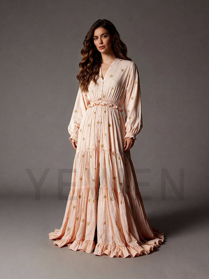 Bohemian Cotton Maxi Dress Printed Details Beach Photoshoot Dress YW251001