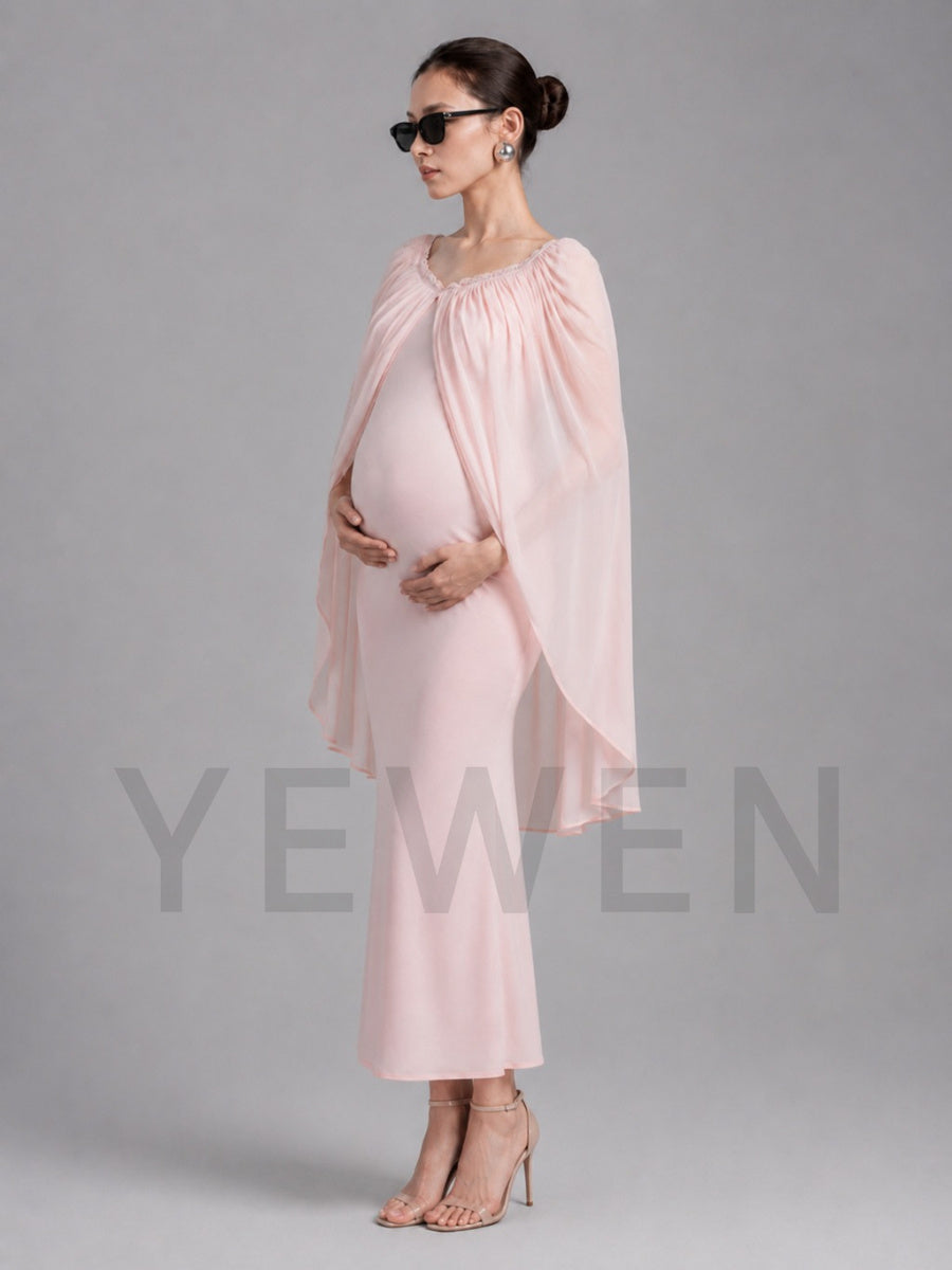 Pink Fitted Maternity Baby Shower Dress with Flowy Chiffon Cape L-26931