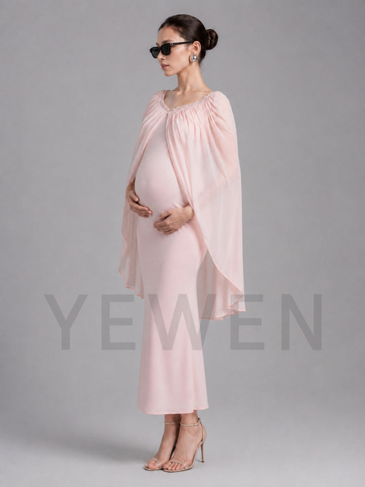 Pink Fitted Maternity Baby Shower Dress with Flowy Chiffon Cape L-26931