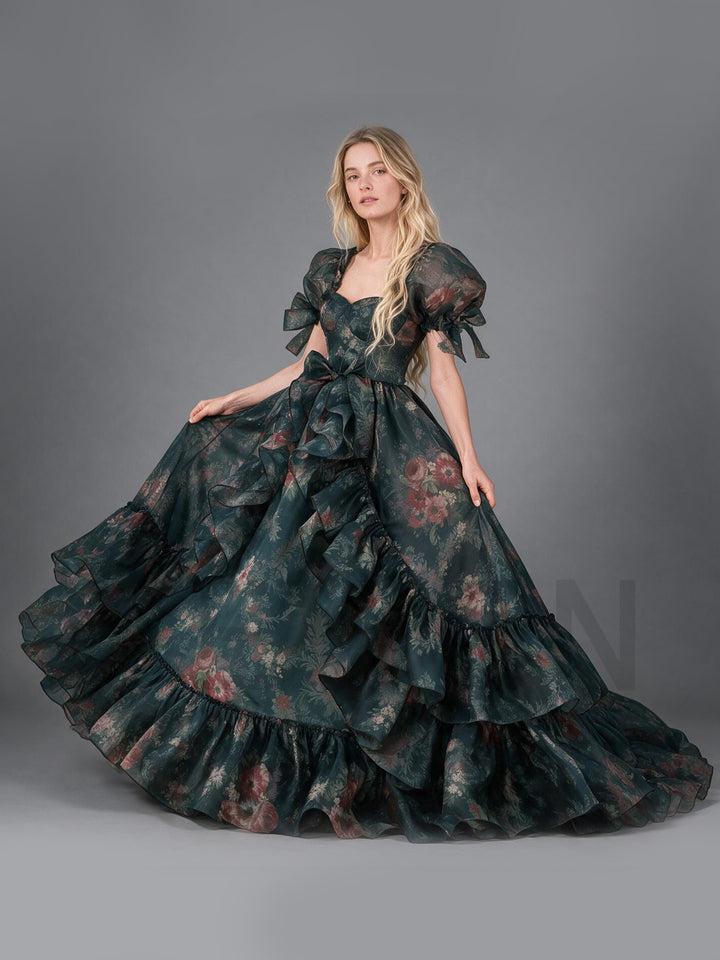 Dark Green Floral Tiered Ruffle Puff Sleeve Princess Dress YW2610154