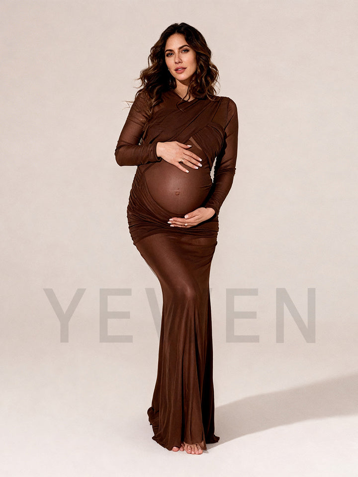 Brown Mesh Fold Long Sleeves Maternity Photo Shoot Dress Bodycon Dress for Pregnant Women